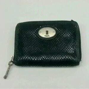Fossil Wristlet Wallet Black Leather Snake Embossed Key Zipper Around No Strap